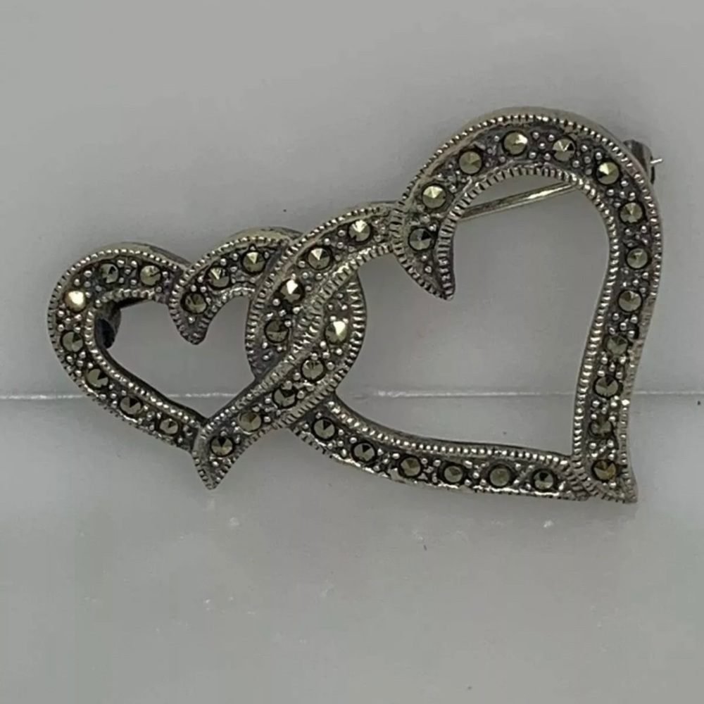 Vintage Sterling Silver Marcasite Open Heart Pin